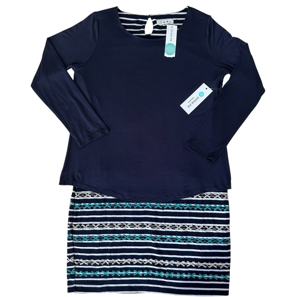 Anthropologie THML Popover Dress Petite Medium Stripe Navy Prep Embroidered NWT‎
